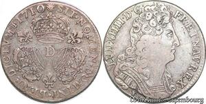 S7034 Rare 1/4 Ecu aux couronnes Louis XIV 1710 D Lyon Argent Silver