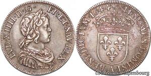 S7036 Rare 1/4 Ecu Louis XIV 1644 A Paris Argent Silver superbe