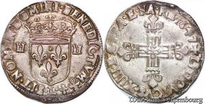 S7038 Rare France 1/4 Ecu croix fleurdelisée Louis XIV 1647 L Bayonne Silver AU