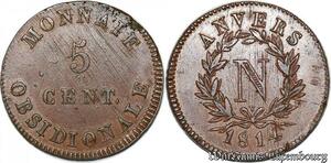 S7079 Rare 5 Centimes Napoléon Ier 1814 Siège Anvers Lettre V SUP -&gt; Faire offre
