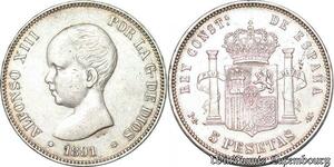 S7090 Espagne Spain 5 PesetaS Alphonse XIII 1891 PG M Argent