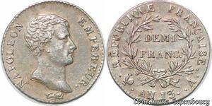 S7122 Rare 1/2 demi Franc Napoléon Empereur An 13 A Paris TTB++ / SUP Silber