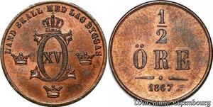 S7151 Rare ! Sweden Suede Carl XV Adolf 1/2 Ore 1867 UNC ! GEM ->Make offer