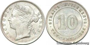 S7229 Asia 10 Cents Straits Settlements Victoria Silver 1895 Silver AU