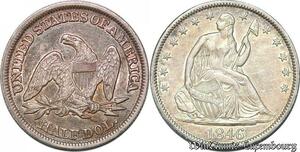S7255 USA 50 Cents Half Dollar Liberty Seated 1846 Tall Date Silver AU !