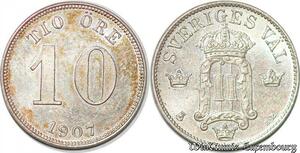 S7291 Sweden 10 Öre 1907 Oskar II Silver BU ->Make offer