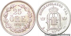 S7293 Sweden 25 Öre Oskar 1874 ST Silver AU UNC ->Make offer