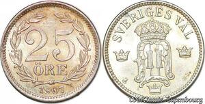 S7294 Sweden 25 Öre Oskar 1907 ST Silver AU UNC ->Make offer