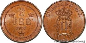 S7300 Schweden Suede Oscar I II 2 Ore 1907 Uncirculated ->Make offer
