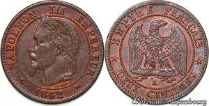 S7370 2 Centimes Napoléon I 1862 K Bordeaux Red Rouge d'origine >Faire Offre