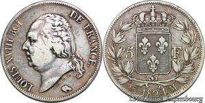 S7394 Rare 5 Francs Louis XVIII 1824 M Toulouse Argent Silver ->Faire Offre