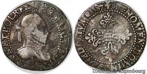 S7589 Rare ! Faux D'époque Henri III demi-Francau col plat 1587 A Paris Argent