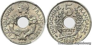 S7685 Rare French Indo China 5 Cents Marianne 1939 PCGS MS67 Maillechort->Faire Offre