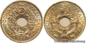 S7688 Rare French Indo China 5 Cents Marianne 1939 PCGS MS68 ->Faire Offre