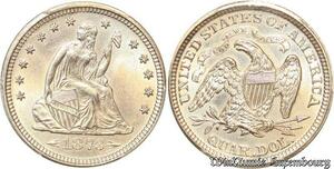 S7696 Rare USA  25 Cents Liberty Seated Quarter Dollars 1873 PCGS UNC