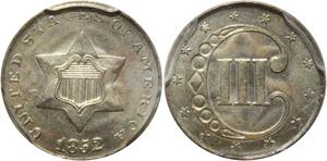 S7704 Rare USA United States 3 Cents 1852 Philadelphia Silver UNC -&gt;Make offer