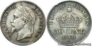 S7896 Rare 50 Centimes Napoléon I 1868 A Paris PCGS MS63 Argent Silver SPL