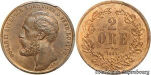 S7934 Finest Suède Sweden 2 Öre Oscar I 1873 PCGS MS63 -> Faire Offre