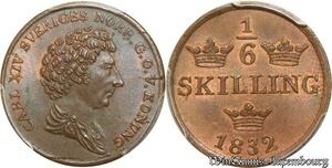 S7941 Finest Rare Suède Sweden 1/6 Skilling 1832 PCGS MS65BN Cuivre