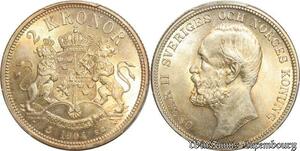 S7942 Sweden Rare 2 Kronor Oscar I II 1904 EB PCGS MS63 SPL Silver