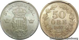 S7944 Sweden 50 öre Oscar I II 1907 EB PCGS MS65 FDC Argent ->Faire Offre