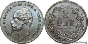 S7949 Sweden 2 öre Oscar I I 1858/7 PCGS MS64 ->Faire Offre