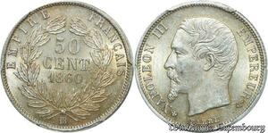 S7955 Rare ! 50 Centimes Napoléon I 1860 BB Strasbourg PCGS MS63++ SPL
