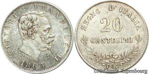S2010 Rare Italy 20 Centesimi Vittorio Emanuelle 1863 Torino SUP AU ! MS !