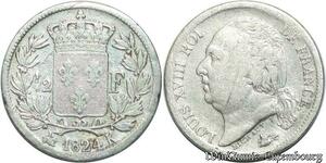S2031 Rare France 1/2 Franc Louis XVIII Roi 1824 K Bordeaux Argent Silver
