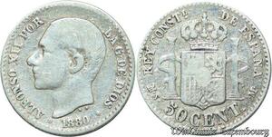 S2072 Espagne 50 Centimes Alphonse XII 1880 MS-M Plata Silver ->Faire Offre