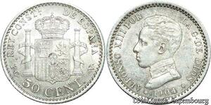 S2074 Espagne 50 Centimes Alphonse XIII 1904 Madrid 04 Argent Silver MS ! UNC