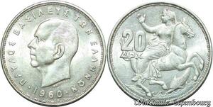 S2079 Greece 20 Drachmai Paul I 1960 Argent Silver MS UNC ! ->Make offer