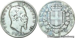 S2124 Italy 5 Lire Emanuele II 1874 M Milan Argent Silver ->Make offer