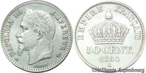 S2136 France 50 Centimes Napoléon III 1864 A Paris Argent Silver TTB+ ->Faire O