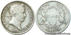 S2146 Rare France 1/4 Franc Napoléon Empire Francais 1809 A Paris TTB+ ! Argent