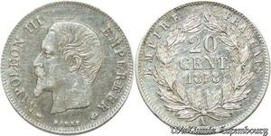 S2152 Très Rare France 20 Centimes Napoléon Tête nue 1858 A Paris Silver SUP !