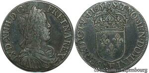 S2339 France 1/2 Ecu Louis XIV Mèche Longue 1651 H / & La Rochelle / Aix Argent Silver