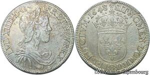 S2340 Rare France 1/2 Ecu Louis XIV Mèche Longue 1648/7 B Rouen / C Saint-Lô Argent