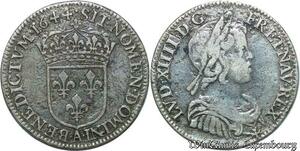 S2348 Rare France 1/4 Ecu Louis XIV Mèche Courte 1644 A Paris Point Argent