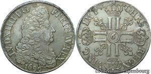 S2350 Très Rare France R4 Ecu Louis XIV Aux 8 L 1690 9 Rennes inversé Silver SUP