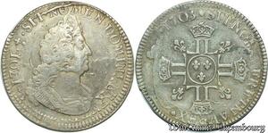 S2360 Rare France 1/2 Ecu Louis XIV Aux 8 L 1703 A ref 1301 Paris Argent Silver