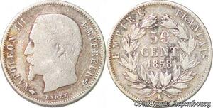 S3498 France 50 Centimes Napoléon Bonaparte Tête nue 1858 A Paris Argent Silver