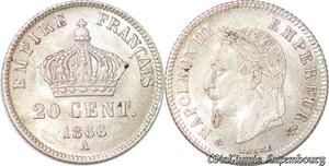 S3499 France 20 Centimes Napoléon III Tête Laurée 1866 A Paris Silver SUP