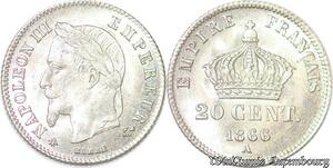 S3501 Rare France 20 Centimes Napoléon IIITête Laurée Petit Module 1866 Paris FDC