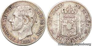 S3541 Espagne 50 Centimes Alphonse XII 1881 M.S.-M Argent Silver - Faire Offre