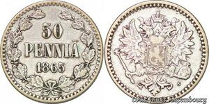 S3551 Rare Finland 50 Penniä Alexander II 1865 Argent Silver XF !- Faire Offre