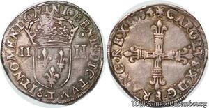 S3589 Rare France 1/4 D'Ecu Charles X croix de face 1594 T Nantes Silver