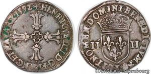 S3590 Rare France 1/4 D'Ecu Henri III croix feuillue 1592 L Bayonne Silver