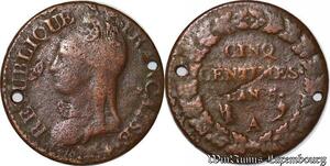 S3697 Rare France 5 Centimes Dupré Grand module Refrappe Decime An 5 A Paris