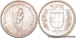 S3726 Suisse 5 Francs Confédération Helvétique 1931 B Berne SPL Argent Silver